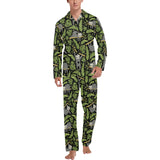 Cute sloths tropical palm leaves black background Men's Long Pajama Set