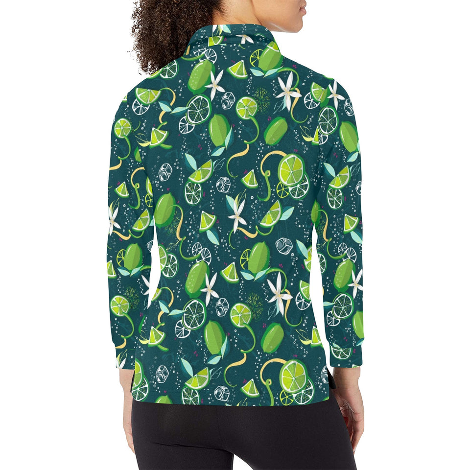 Lime ice flower pattern Women's Long Sleeve Polo Shirt