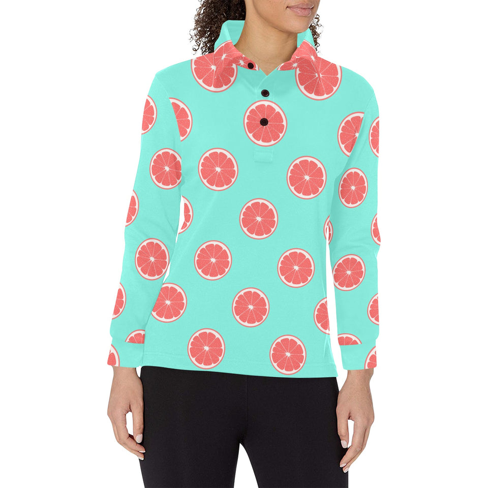 Grapefruit green background Women's Long Sleeve Polo Shirt