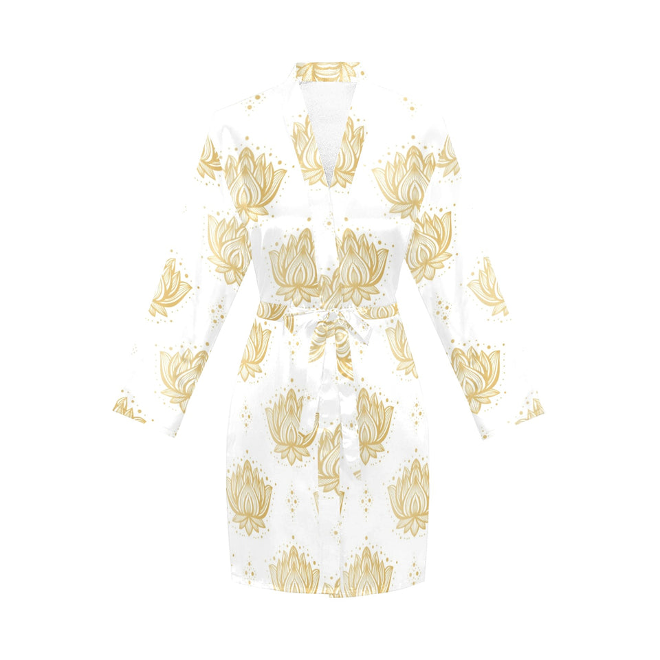 Gold Ornamental lotue waterlily symbol pattern Women's Long Sleeve Belted Night Robe