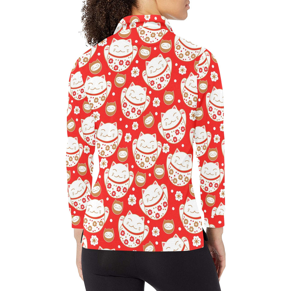 Cute Maneki neko cat red background Women's Long Sleeve Polo Shirt