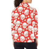 Cute Maneki neko cat red background Women's Long Sleeve Polo Shirt