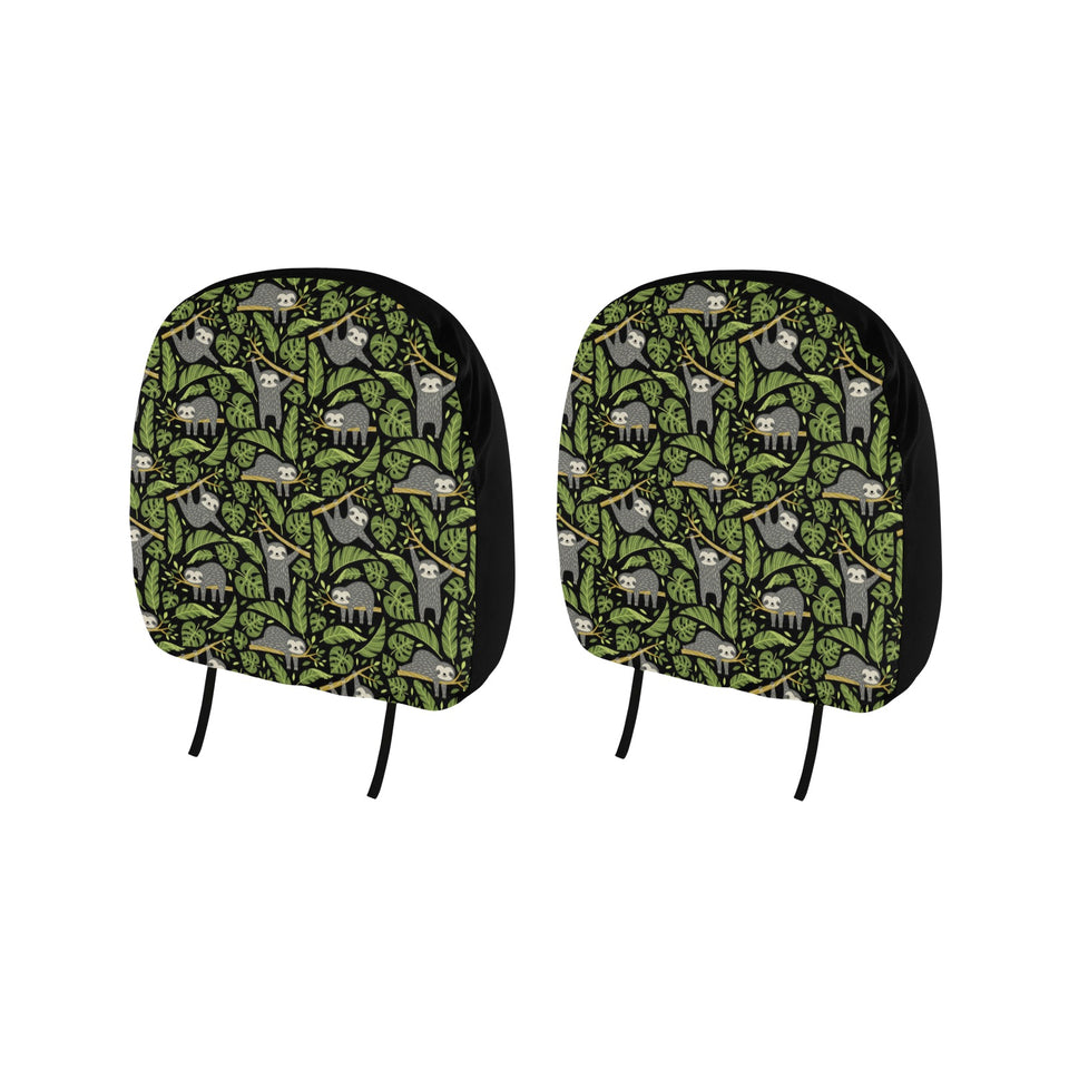 Cute sloths tropical palm leaves black background Car Headrest Cover