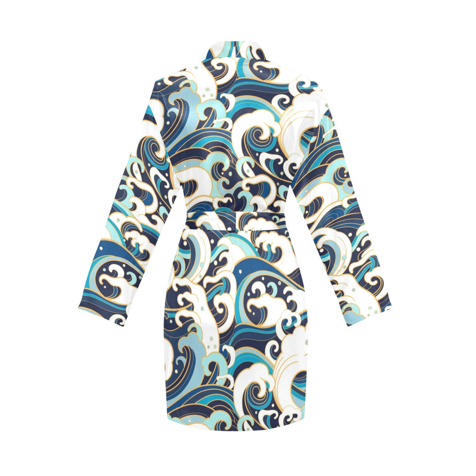 Japanese wave pattern Women's Long Sleeve Belted Night Robe