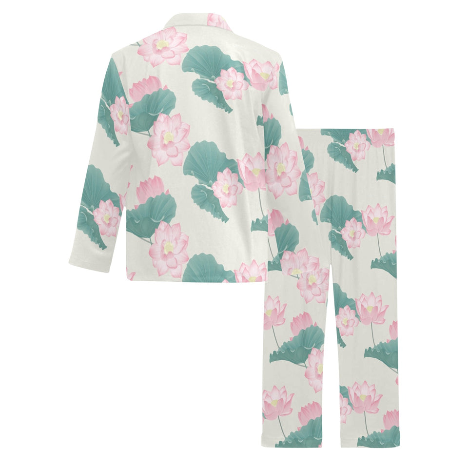 Pink lotus waterlily leaves pattern Men's Long Pajama Set