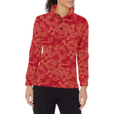 Gold dragons red background Women's Long Sleeve Polo Shirt