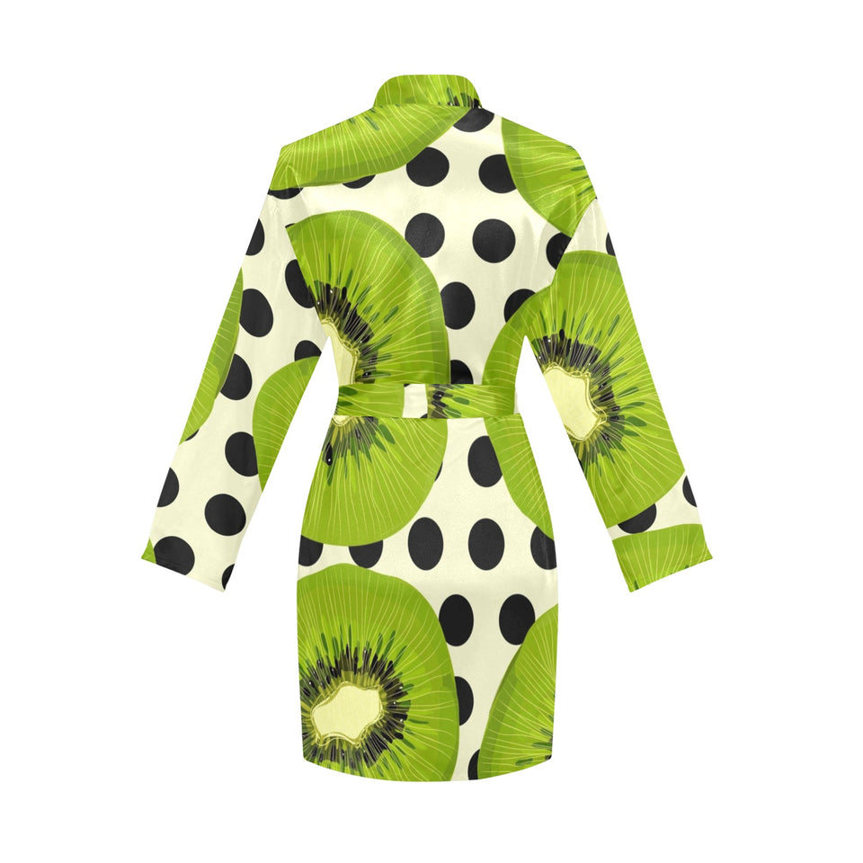 kiwi black dot background Women's Long Sleeve Belted Night Robe