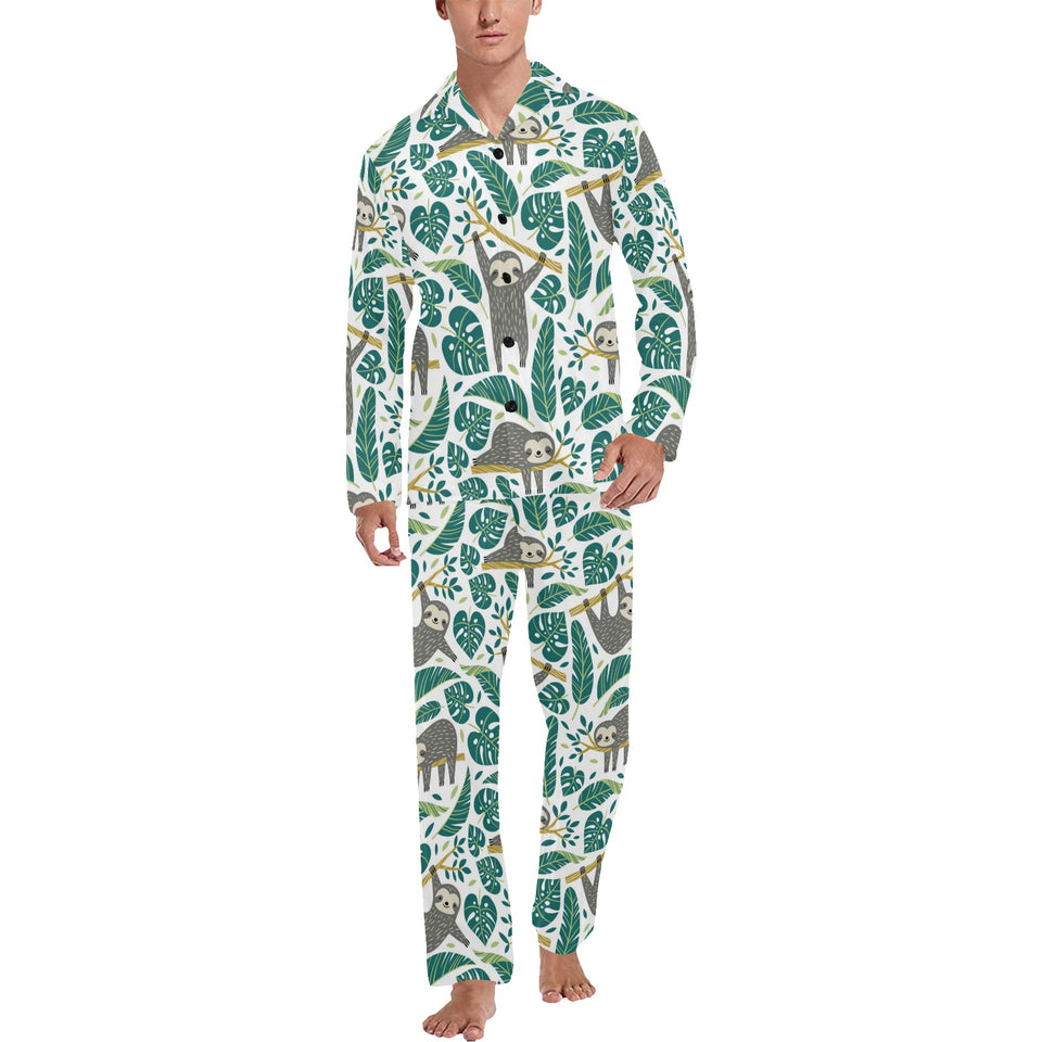 Cute sloths tropical palm leaves white background Men's Long Pajama Set
