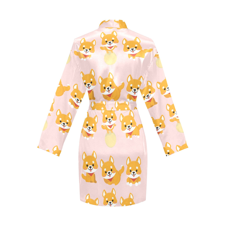 Cute shiba inu dog pattern Women's Long Sleeve Belted Night Robe