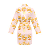 Cute shiba inu dog pattern Women's Long Sleeve Belted Night Robe