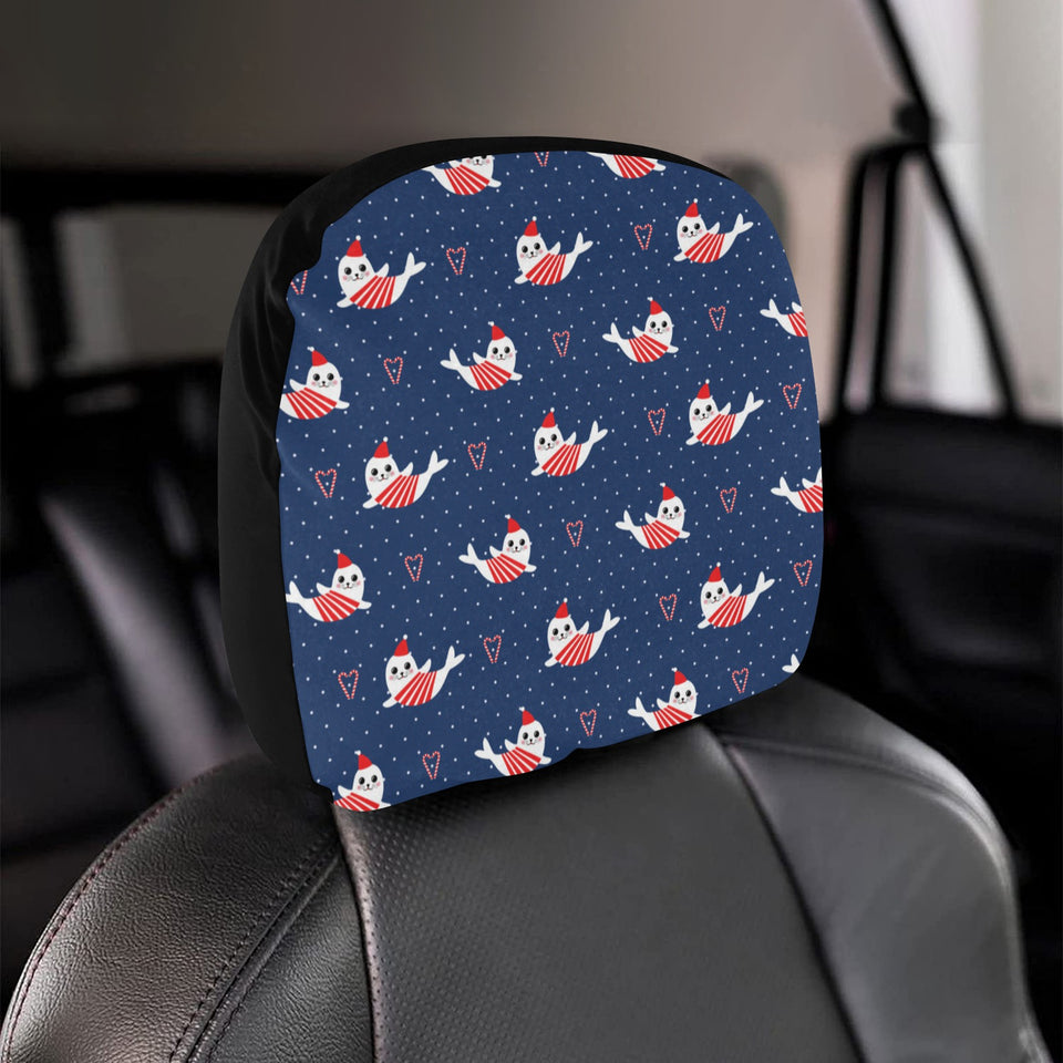 Cute sea lion seal christmas hat candy cane heart Car Headrest Cover