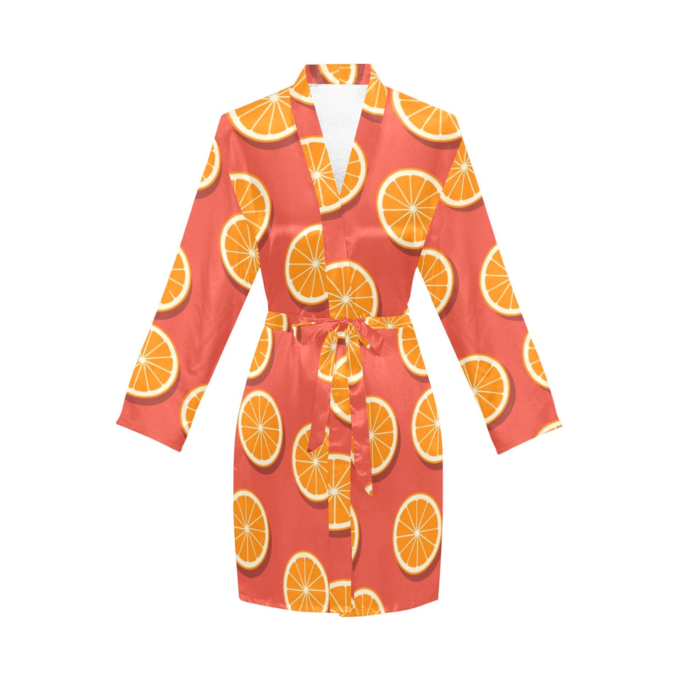 Oranges pattern red background Women's Long Sleeve Belted Night Robe