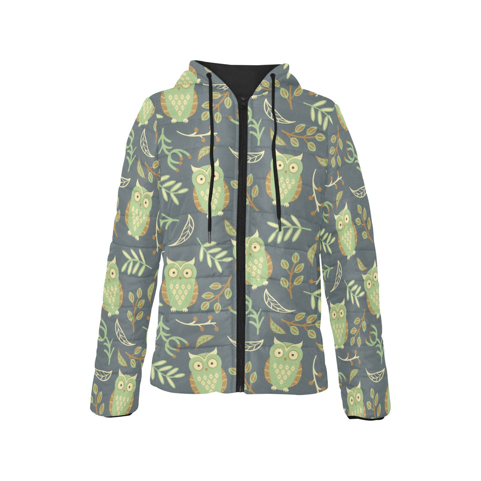 Cute owls leaves pattern Women's Padded Hooded Jacket