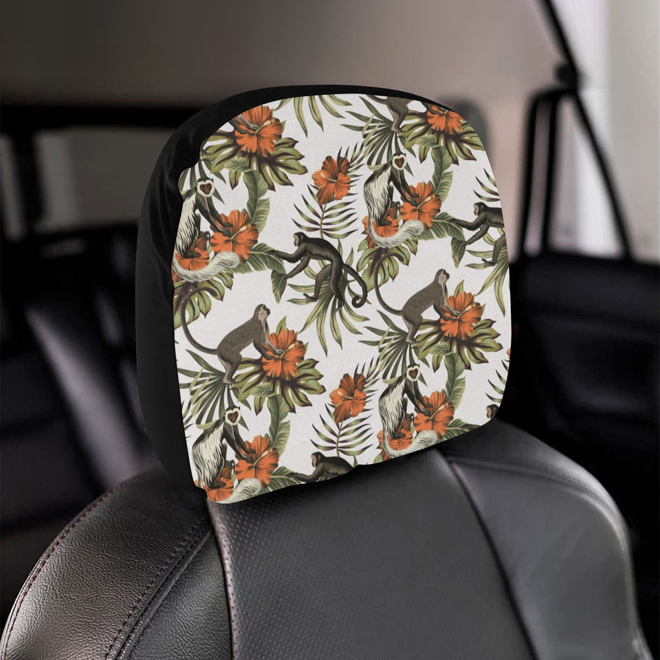 Monkey red hibiscus flower palm leaves floral patt Car Headrest Cover