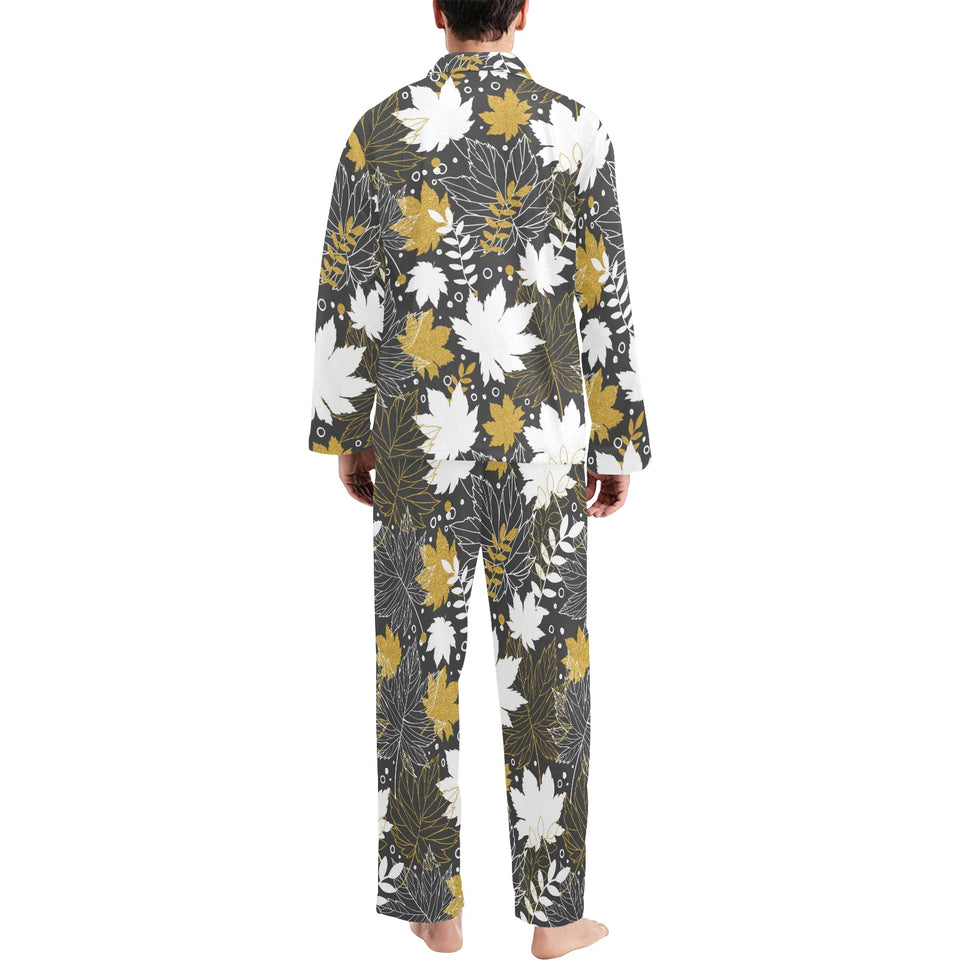 Beautiful gold autumn maple leaf pattern Men's Long Pajama Set