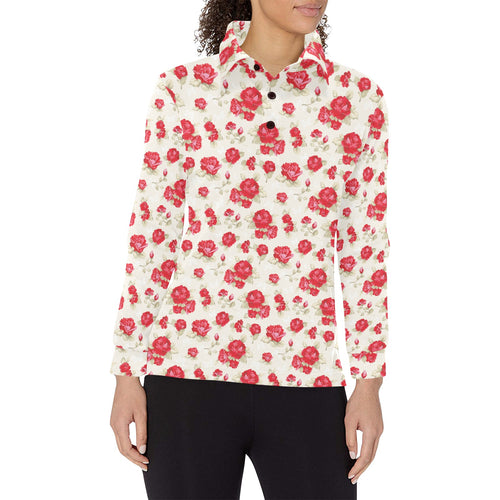 Rose Pattern Print Design 01 Women's Long Sleeve Polo Shirt