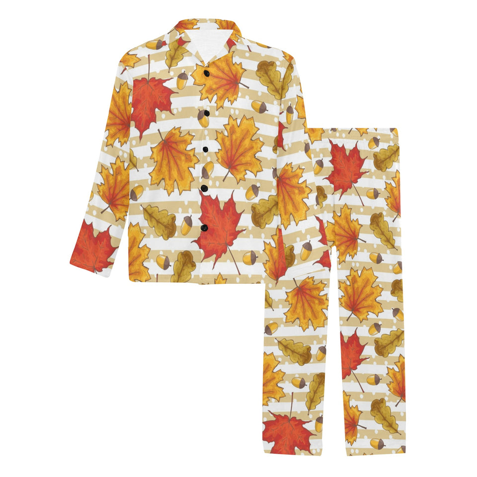 Maple leaf oak leaf acorns beige striped backgroun Men's Long Pajama Set