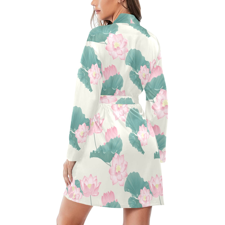 Pink lotus waterlily leaves pattern Women's Long Sleeve Belted Night Robe