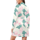 Pink lotus waterlily leaves pattern Women's Long Sleeve Belted Night Robe
