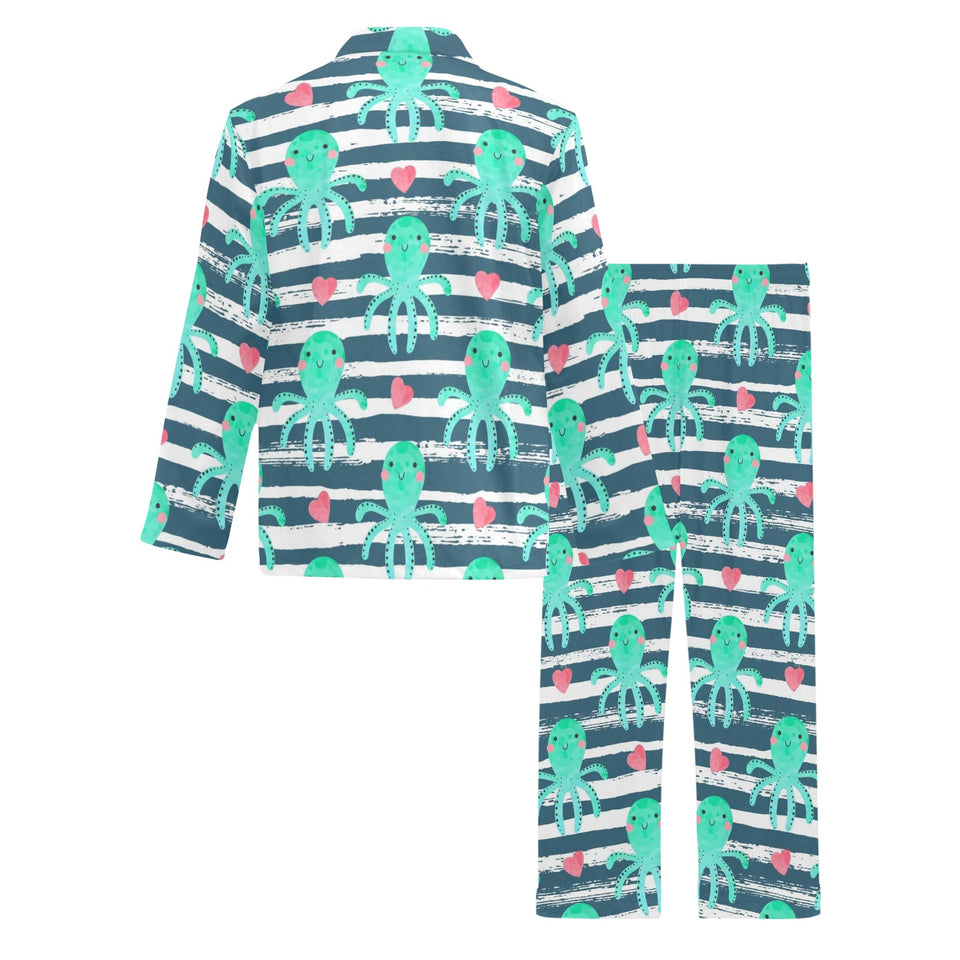 Cute octopuses heart striped background Men's Long Pajama Set