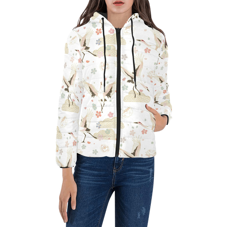 Beautiful Japanese cranes pattern Women's Padded Hooded Jacket