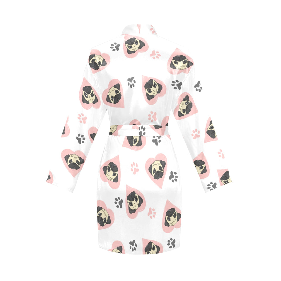 Cute pugs pink heart paw pattern Women's Long Sleeve Belted Night Robe
