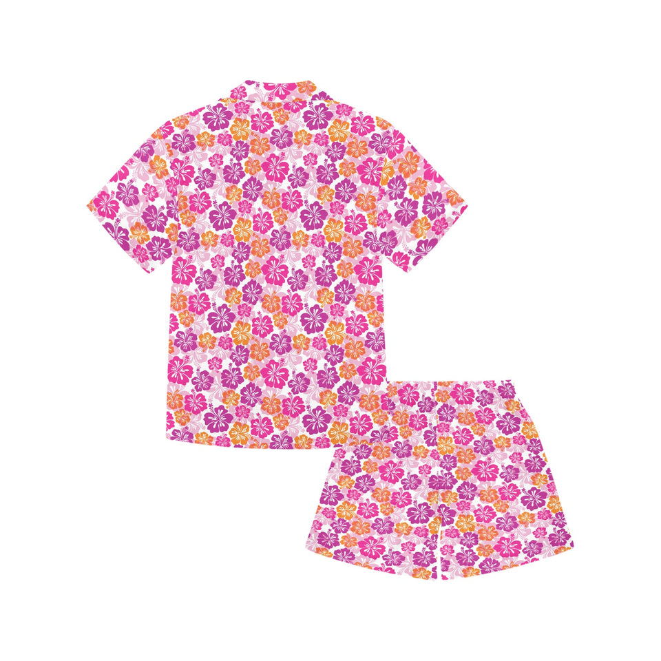 Hibiscus Pattern Print Design 01 Kids' Boys' Girls' V-Neck Short Pajama Set