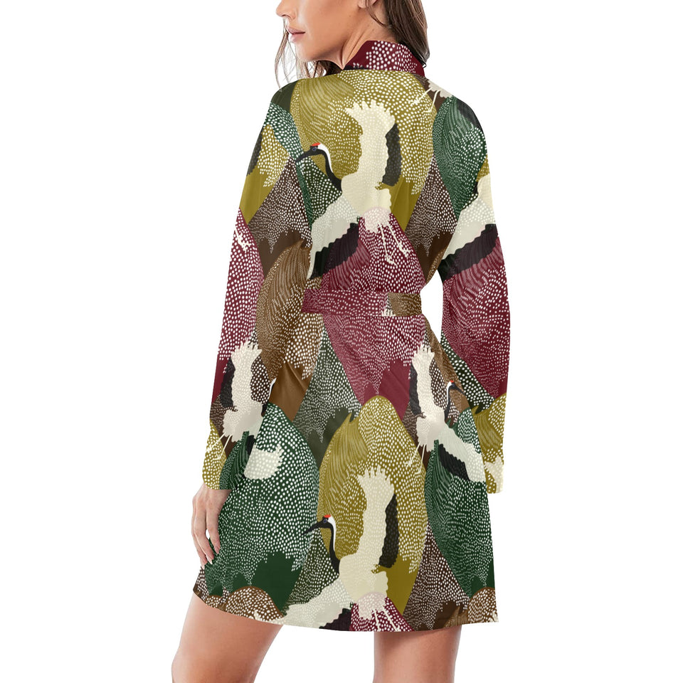 Japanese cranes flying forest dot pattern Women's Long Sleeve Belted Night Robe