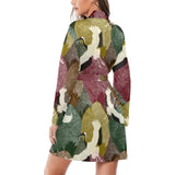 Japanese cranes flying forest dot pattern Women's Long Sleeve Belted Night Robe