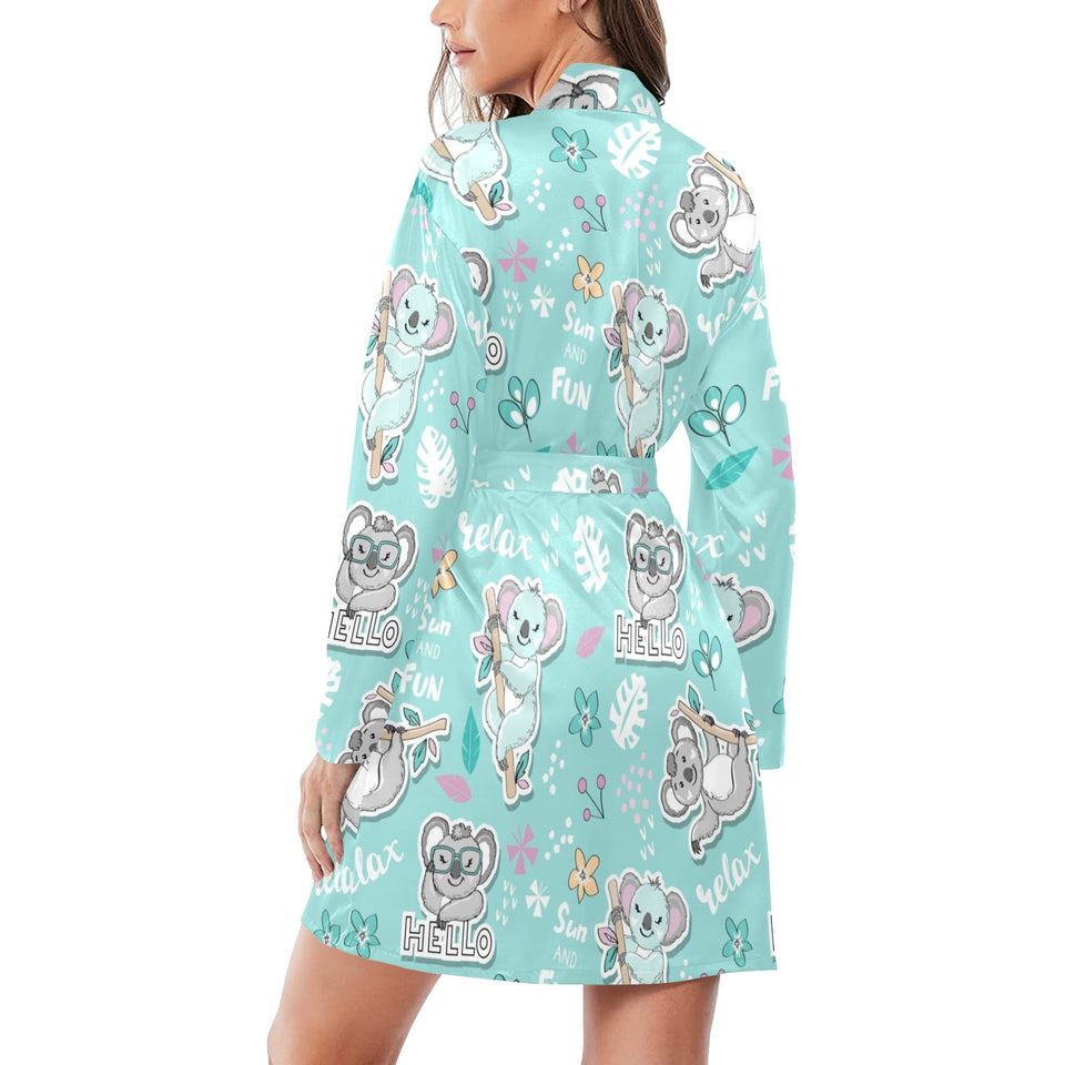 Cute koalas blue background pattern Women's Long Sleeve Belted Night Robe