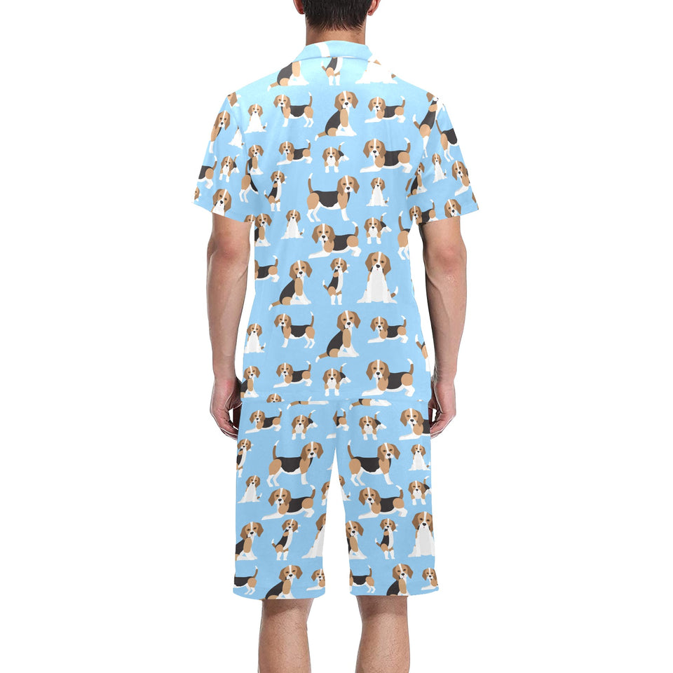 Beagle dog blue background pattern Men's V-Neck Short Pajama Set