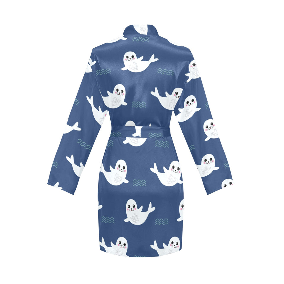 Cute white baby sea lion seal pattern Women's Long Sleeve Belted Night Robe
