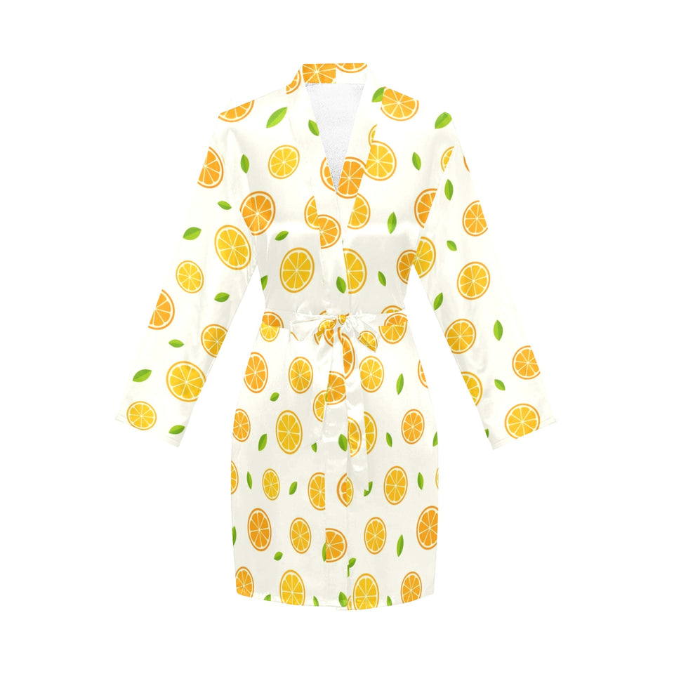 oranges leaves pattern Women's Long Sleeve Belted Night Robe