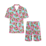 Beagle muzzles turquoise paint splashes pink patte Men's V-Neck Short Pajama Set