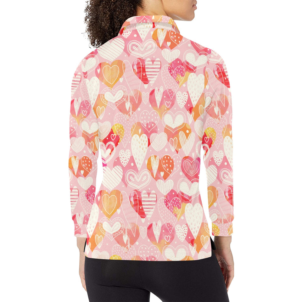 Hand drawn heart design pattern Women's Long Sleeve Polo Shirt