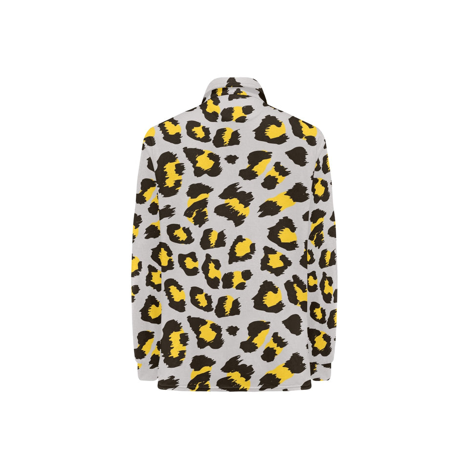Gray Leopard print pattern Women's Long Sleeve Polo Shirt