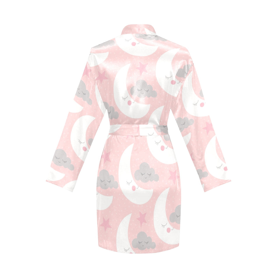 Cute moon cloud star pattern pink dot background Women's Long Sleeve Belted Night Robe