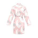 Cute moon cloud star pattern pink dot background Women's Long Sleeve Belted Night Robe