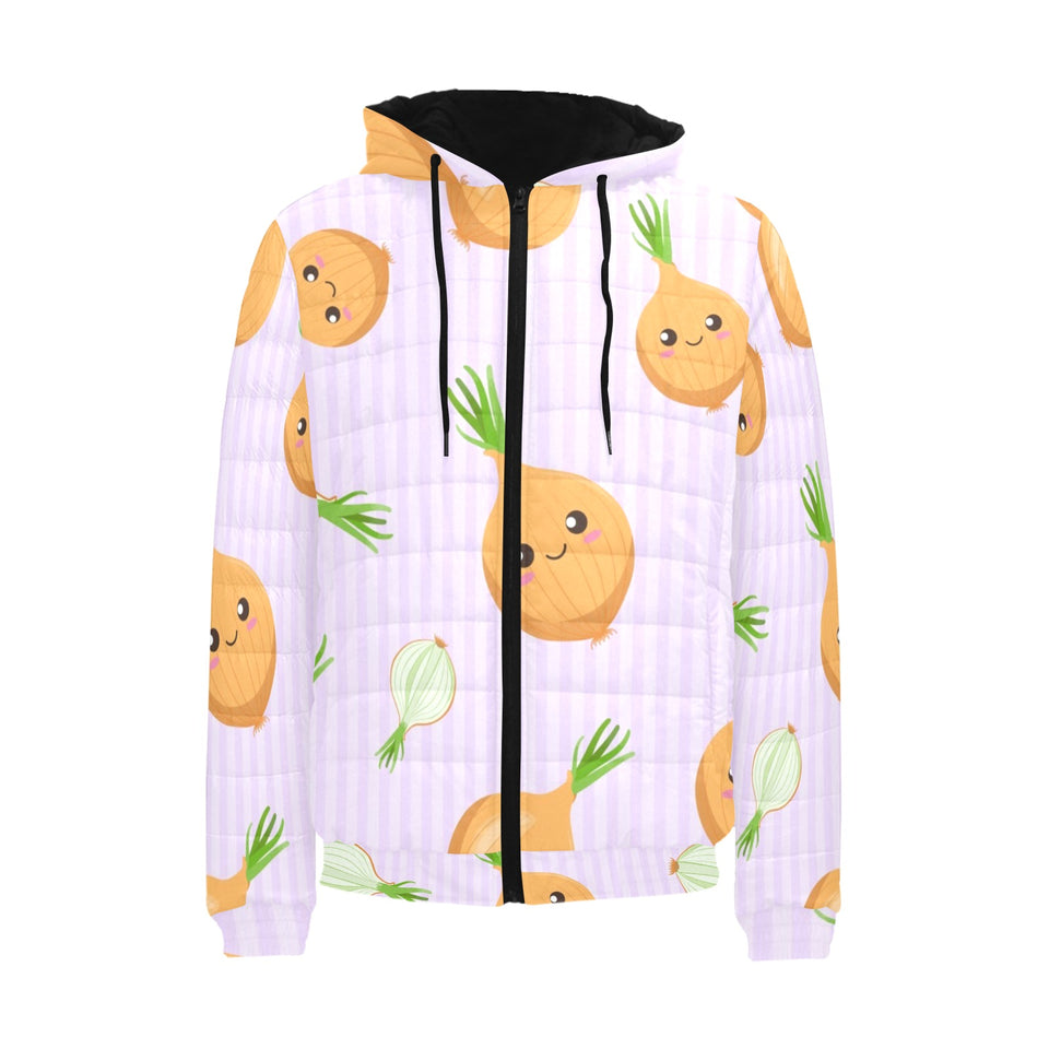 cute onions smiling faces purple background Men's Padded Hooded Jacket