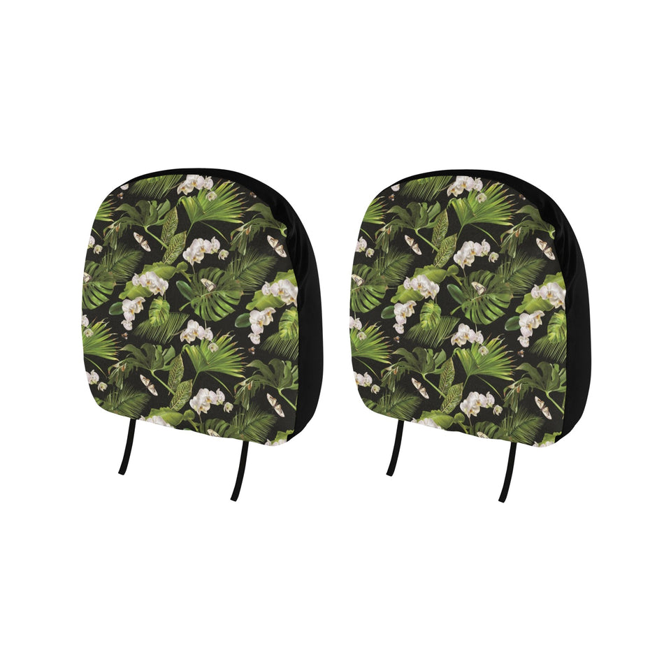 White orchid flower tropical leaves pattern blackg Car Headrest Cover