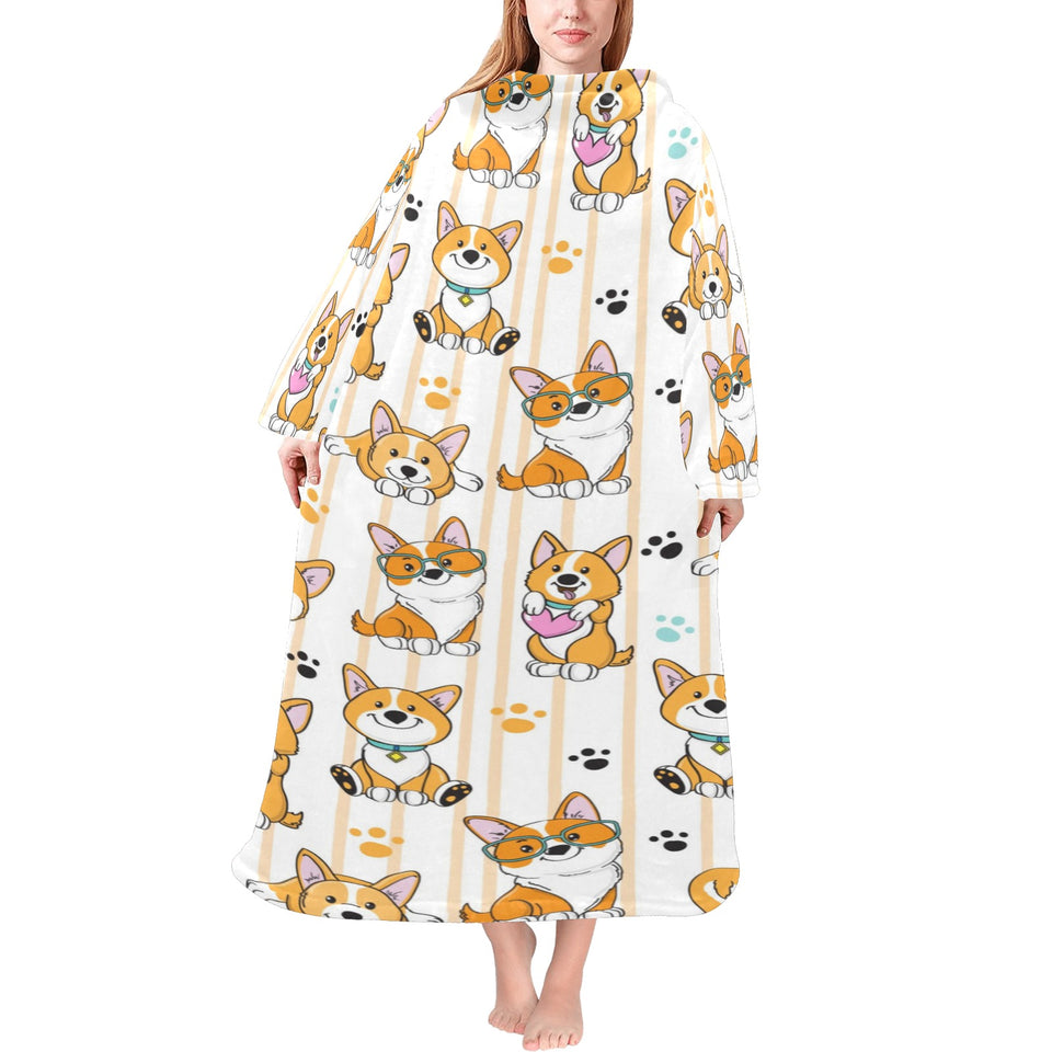 Cute dog corgi striped background pattern Blanket Robe with Sleeves