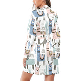 lama Alpaca cactus hand drawn pattern Women's Long Sleeve Belted Night Robe