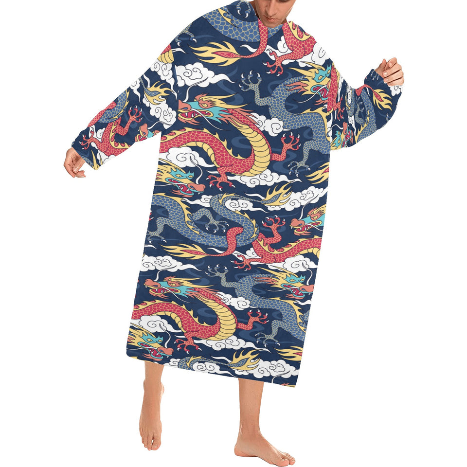 Blue red dragon cloud pattern Blanket Robe with Sleeves