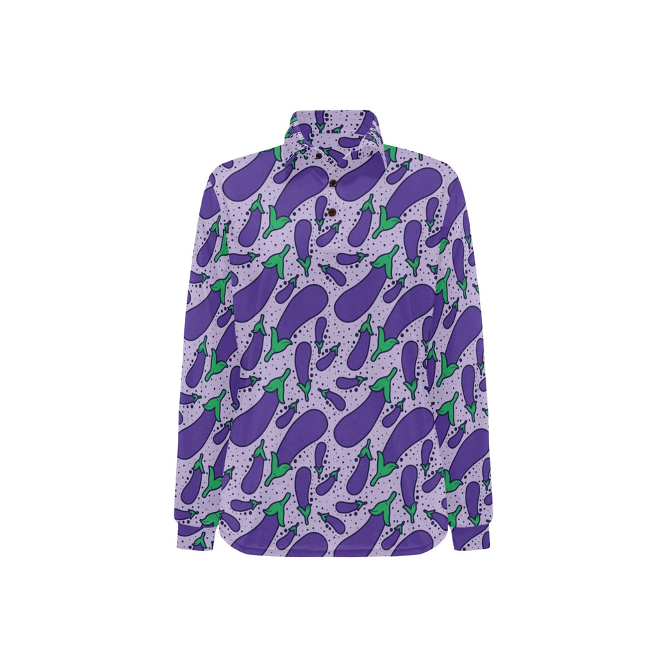Eggplant Pattern Print Design 03 Women's Long Sleeve Polo Shirt