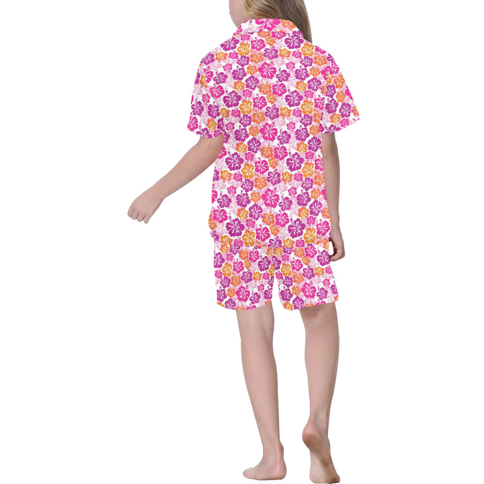 Hibiscus Pattern Print Design 01 Kids' Boys' Girls' V-Neck Short Pajama Set