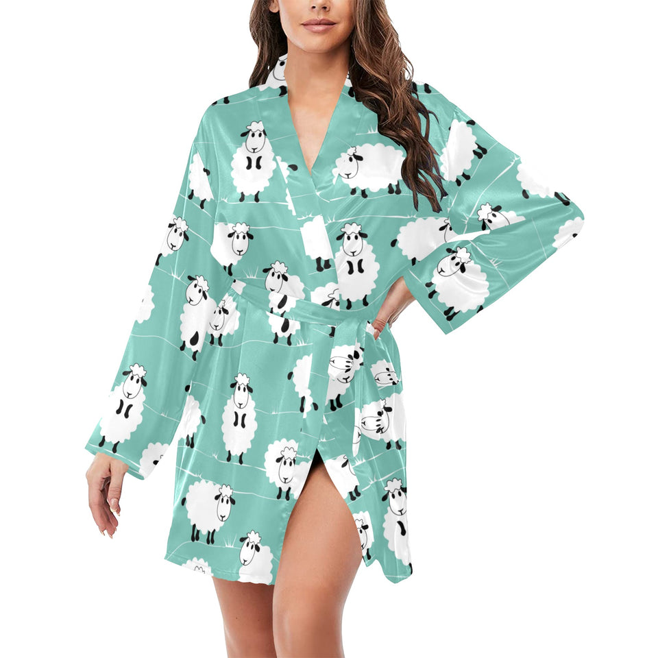 Cute sheep green background Women's Long Sleeve Belted Night Robe
