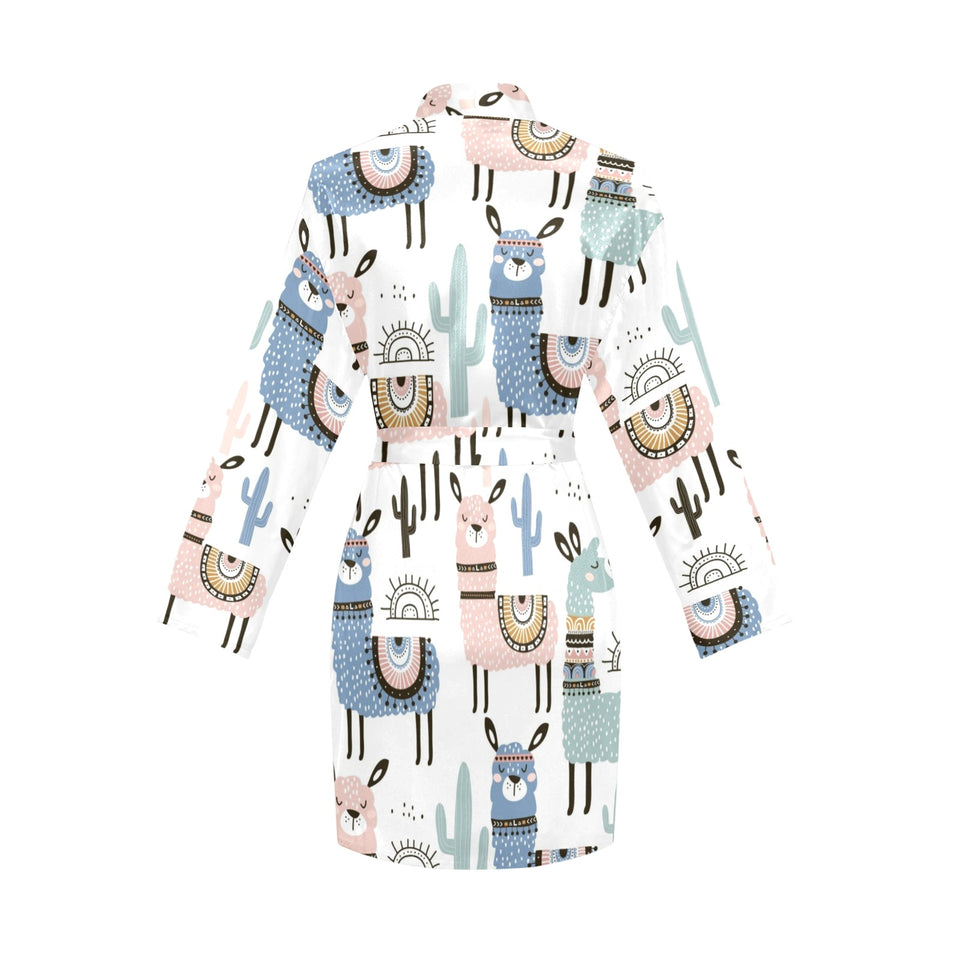 lama Alpaca cactus hand drawn pattern Women's Long Sleeve Belted Night Robe