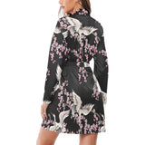 Japanese crane pink sakura pattern Women's Long Sleeve Belted Night Robe