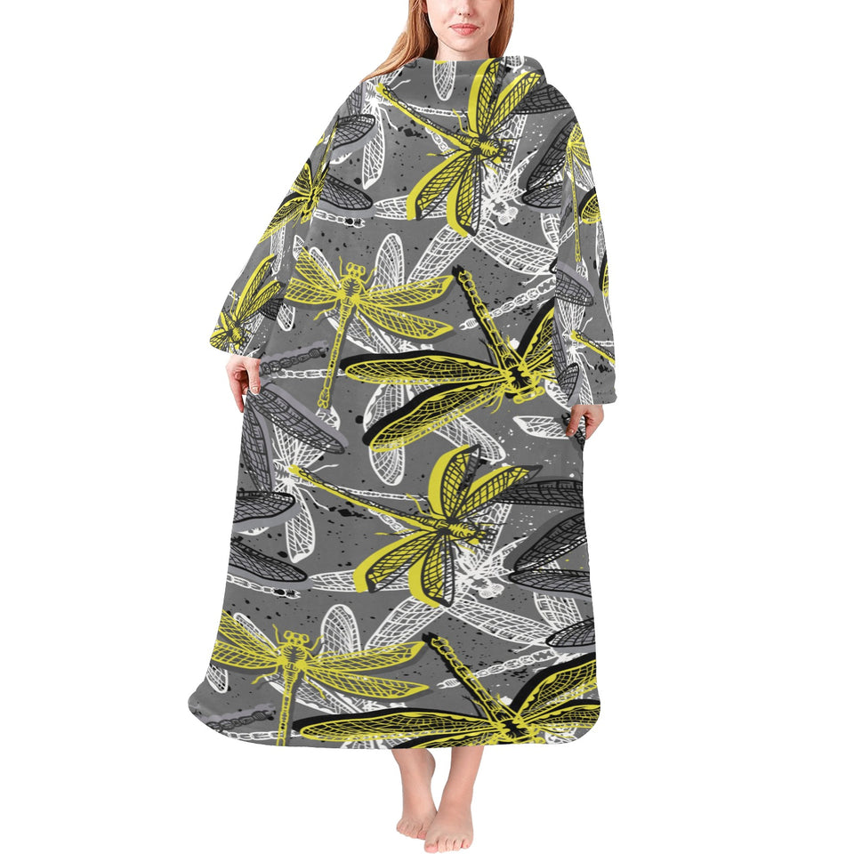 Hand drawn dragonfly pattern Blanket Robe with Sleeves
