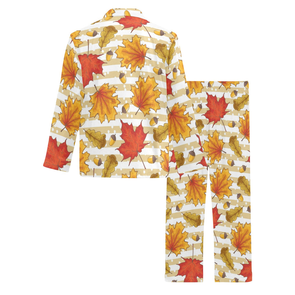 Maple leaf oak leaf acorns beige striped backgroun Men's Long Pajama Set